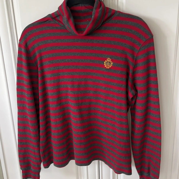Lauren Ralph Lauren Women's M Cotton Turtleneck Red Gray Embroidered Crest Logo - Picture 10 of 11